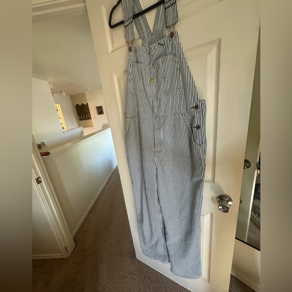 Hey Gang Pants - Striped Straight-Leg Overalls  in Blue/White